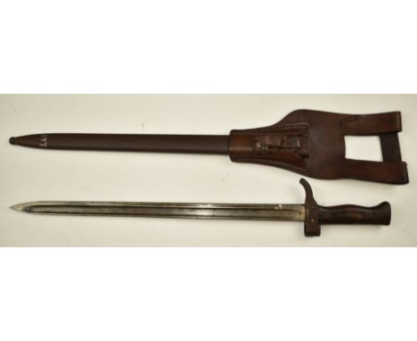 French 1892 pattern Mannlicher Berthier bayonet with wooden grips secured by two large rivets, overlapping muzzle ring, 40cm 