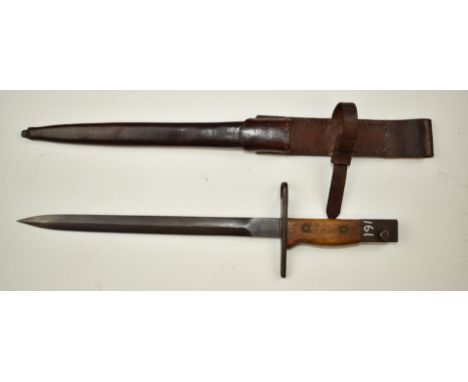 Japanese Arisaka type 30 bayonet with wooden grips, 25.5cm double edged blade, scabbard and frog.&nbsp;PLEASE NOTE ALL BLADED