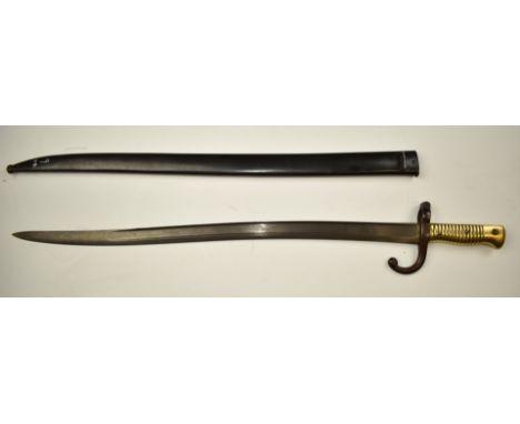 French 1866 pattern chassepot bayonet with brass grip, crossguard stamped S 90199 and 1871 manufacture date to top of T form 