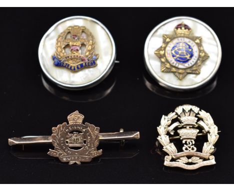 Two mother of pearl and enamel&nbsp;sweetheart brooches for the Army Service Corps and Middlesex Regiment together with Middl