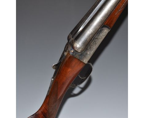 Sabel 12 bore side by side ejector shotgun with engraved locks, underside, trigger guard, fences and thumb lever, vacant cart