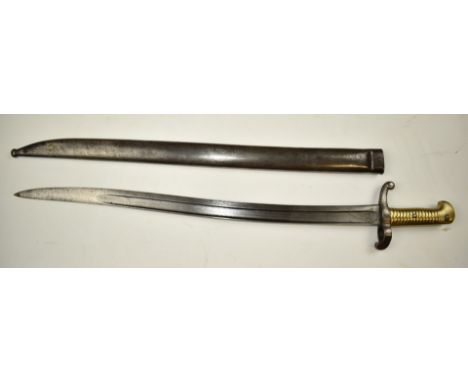 French 1842 pattern sabre bayonet with brass grip, internal coiled spring,&nbsp;crossguard stamped 1324, 57.5cm T form yatagh