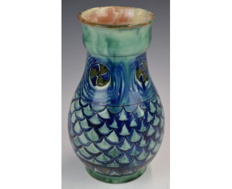 Della Robbia art / studio pottery vase with fish scale decoration, signed LW for Liz Wilkins and dated 1899, height 22cm