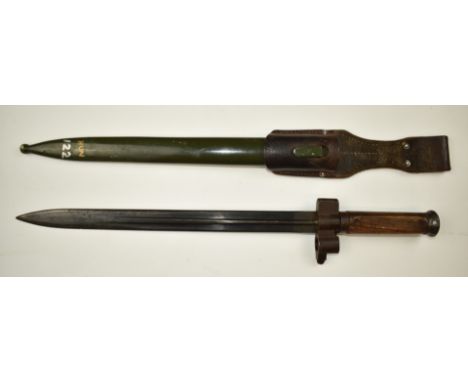 Hungarian 1935 pattern bayonet for the Mannlicher rifle, with cylindrical wooden grips, 6944 to crossguard, foresight on muzz