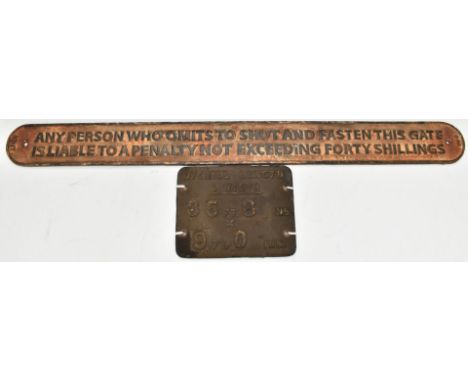 LNER cast iron shut the gate sign, length 97cm and a railway wagon plate, 23 x 18cm