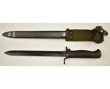 Norwegian 1894 pattern Krag Jorgensen bayonet altered to fit US M1 carbine, 1804 to crossguard, with 21cm blade, scabbard and