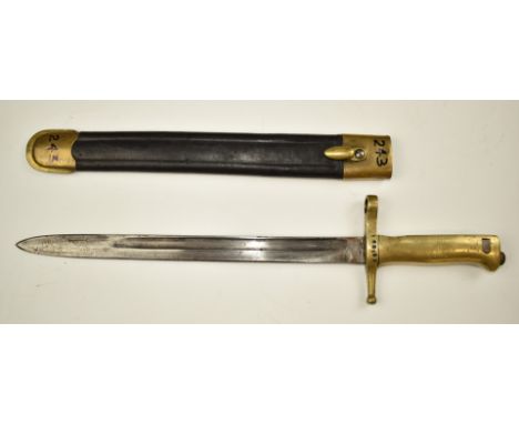 Italian 1891/16 pattern bayonet with all brass grip and crossguard stamped HG2851, 30cm fullered blade and scabbard. PLEASE N