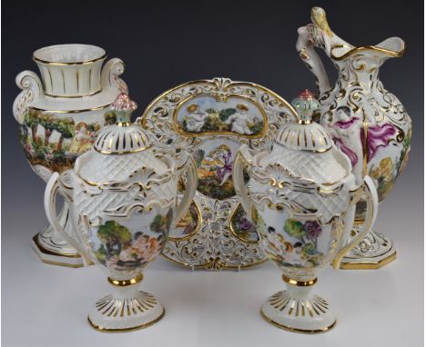 Five pieces of Capodimonte including pair of twin-handled covered pedestal vases, single two-handled vase, ewer, large bowl e