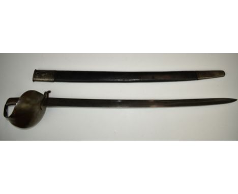 British 1858/59 pattern naval cutlass bayonet with wide steel basket guard, 68cm blade and scabbard.&nbsp;PLEASE NOTE ALL BLA