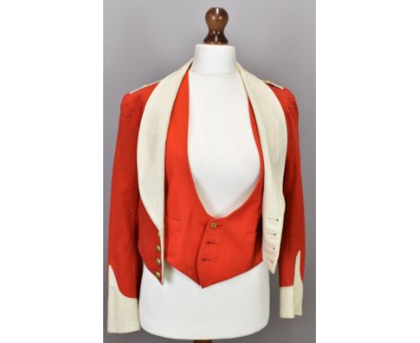British Army Gloucestershire Regiment officer's scarlet mess jacket with white collar and waistcoat, the jacket with rank ins