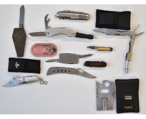 Seven small / novelty folding knives, one in the shape of a bullet, three multi tools and a key ring pistol from Warwickshire