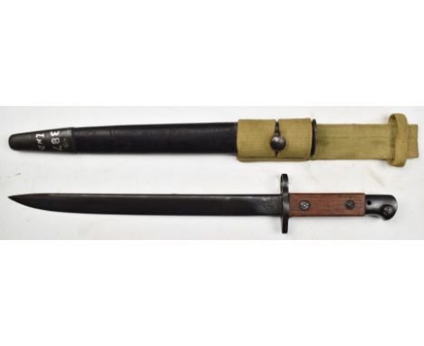 British 1907 pattern bayonet Indian made, with good stamps to ricasso, a 30.5cm blade, scabbard and frog.&nbsp;PLEASE NOTE AL