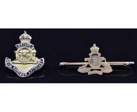 Two Royal Artillery sweetheart brooches, one 9ct gold and enamel for the Royal Garrison Artillery the other 9ct gold, 2.3g