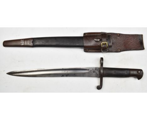 British 1858 pattern sword bayonet with some clear stamps, a 31cm shortened yataghan fullered blade, scabbard and frog. PLEAS