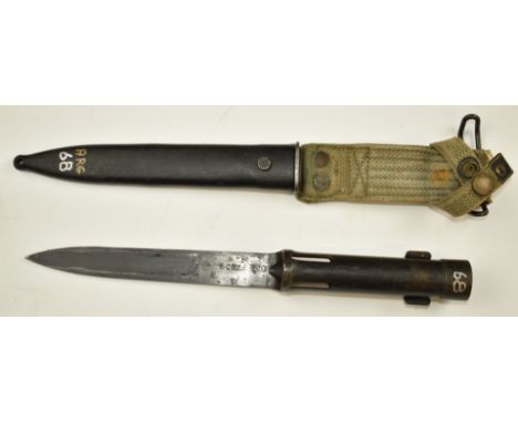 Argentinian socket prototype marine use with 16cm blade inscribed 0277858 and scabbard numbered 02-102172.&nbsp;PLEASE NOTE A