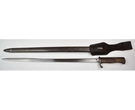 German 1898 pattern bayonet with VC Shilling to ricasso, a 52.5cm&nbsp;fullered pipeback blade, scabbard and frog.&nbsp;PLEAS