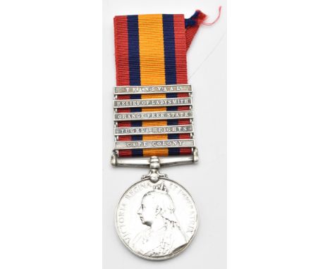 British Army Queen's South Africa Medal with clasps for Cape Colony, Tugela Heights, Orange Free State, Relief of Kimberley a