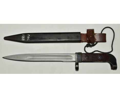 Polish AK47 bayonet with 20cm fullered blade, scabbard and frog.&nbsp;PLEASE NOTE ALL BLADED ITEMS ARE SUBJECT TO OVER 18 CHE