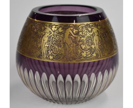 Moser flash overlaid amethyst glass vase of globular form with gilt decoration of nude female figures picking grapes, signed 