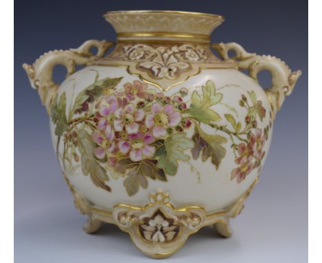 Royal Worcester blush ivory twin handled footed vase decorated with flowers, diameter 20cm x height 17cm