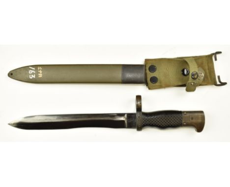 Spanish 1969 pattern Cetme bayonet stamped 1283515 to ricasso, with 22.5cm blade, scabbard and frog.&nbsp;PLEASE NOTE ALL BLA