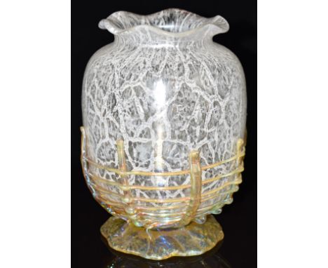 Loetz or similar iridescent glass vase with clear and white body, trailed basket weave decoration and golden foot, 21.5cm tal