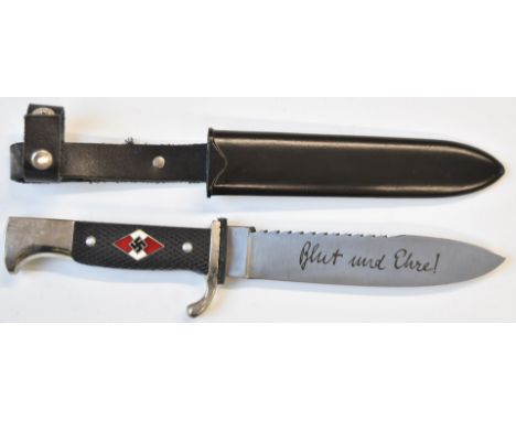 Replica German Third Reich Nazi Hitler Youth sawback dagger with 14cm blade, scabbard and belt loop.&nbsp;PLEASE NOTE ALL BLA