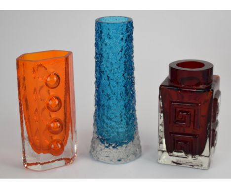 Three&nbsp;Geoffrey Baxter for Whitefriars glass vases comprising Finger in kingfisher blue, Traffic Light in tangerine and G