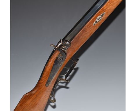 Pedersoli .45 percussion hammer action rifle with adjustable sights, spurred trigger guard, set trigger, storage compartment 