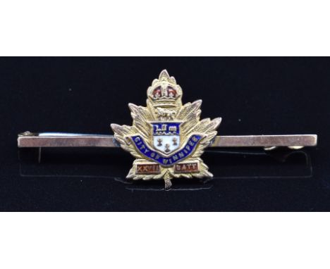 Canadian Army 9ct gold and enamel sweetheart brooch / tie pin for the City of Winnipeg XXVII Battalion, 2.4g