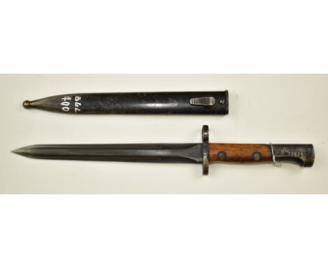 Belgian bayonet for use with the FN 1949 SLR, marked SA 30 77326 to pommel, with 23cm double edged blade and scabbard.&nbsp;P