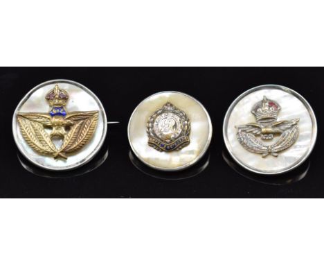 Three mother of pearl and enamel sweetheart brooches for the Royal Engineers and two to the Royal Air Force,&nbsp;one stamped