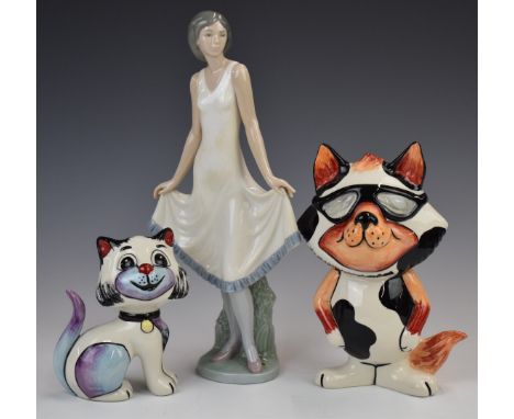 Lorna Bailey cat figures, the largest 1/1, and a Nao figurine, tallest 31cm