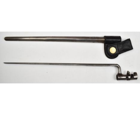 American 1873 pattern socket bayonet stamped US to ricasso, with 43cm fullered blade, scabbard and frog, plain button attachm