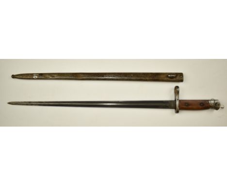 Belgian 1916 pattern bayonet for 189 Mauser, with 40.5cm double edged blade and scabbard. PLEASE NOTE ALL BLADED ITEMS ARE SU