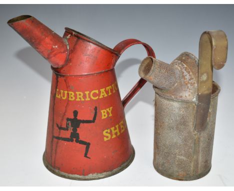 Vintage Lubrication by Shell oil jug with stick man, height 21cm, together with a pre-war 'for bottle filling only' measure