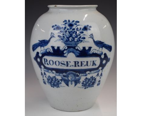 Dutch Delft vase or apothecary vessel with 'Roose Reuk' and peacock decoration, Dilym or Dilyn to base, height 27cm