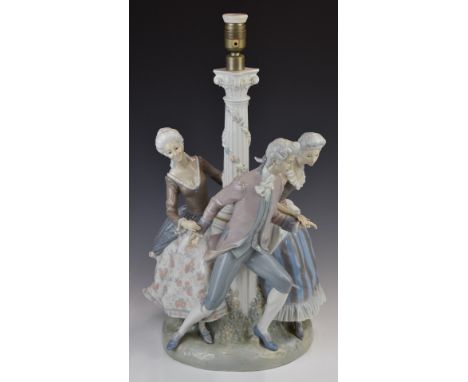 Lladro large figural table lamp 'La Tarantella' three figures in Regency costume dancing around a Corinthian column, H54cm