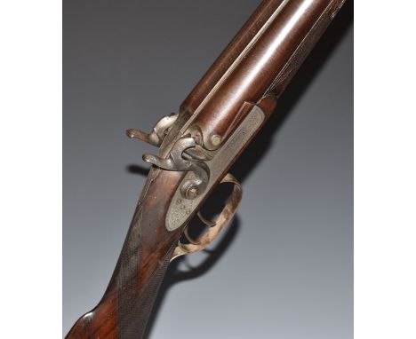 S M Patrick 11 bore side by side percussion hammer action muzzle loading shotgun with named and engraved locks, engraved hamm