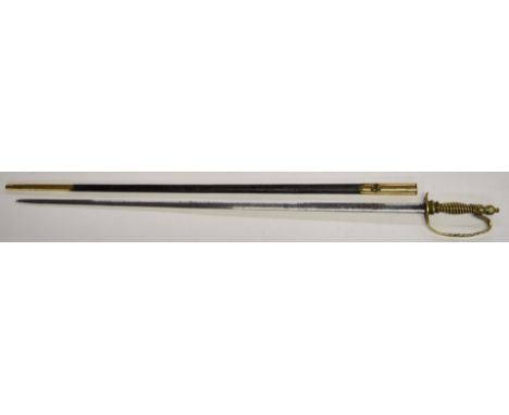 Continental court sword with brass and wire grip, brass pommel and knucklebow, 71cm double edged straight blade and scabbard 