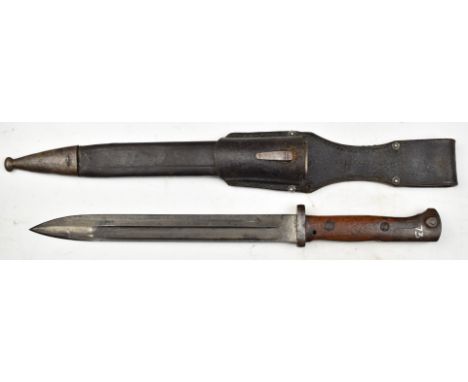 German 1871/98 bayonet with Weysberg markers to ricasso, E.2.73. to crossguard, a 25cm fullered blade, scabbard and frog. PLE