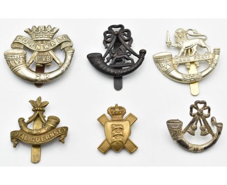 Six British Army Light Infantry badges including 1st Volunteer Battalion Duke of Cornwall's, Guernsey and Jersey, Oxfordshire