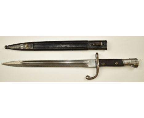 Brazilian 1908 pattern bayonet for Mauser, 19766 to cross guard, with 25.9cm fullered blade and scabbard.&nbsp;PLEASE NOTE AL