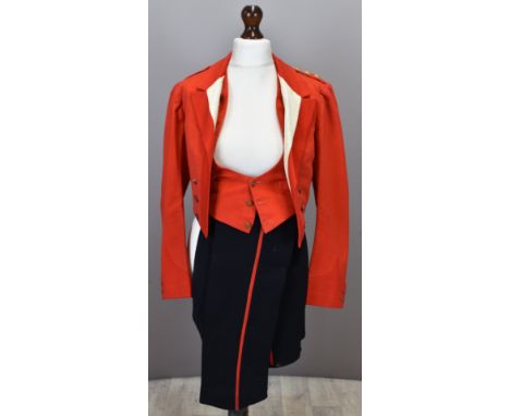 British Army Gloucestershire Regiment officer's scarlet jacket, waistcoat and overalls, with rank insignia to shoulder straps