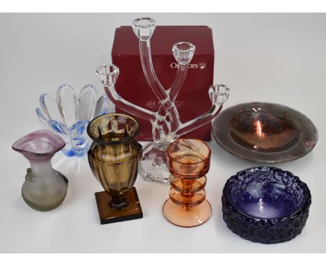 Seven pieces of mainly studio glassware comprising Amanda Brisbane bowl, Orrefors Mayflower bowl in original box, Moder vase,