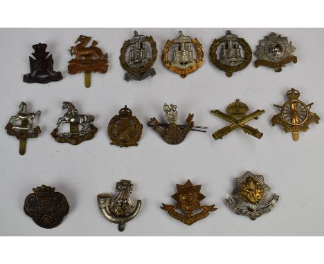 Sixteen British Army badges including the King's Liverpool Regiment, King's Shropshire Light Infantry, Inns of Court OTC, Loy