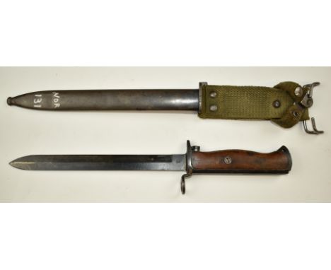 Norwegian 1894 pattern Krag Jorgensen bayonet altered to fit US M1 carbine, with 20.5cm blade, scabbard stamped 8174 and frog