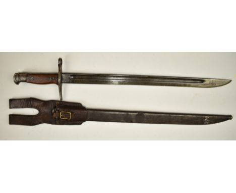 Japanese Arisaka 1897 pattern type 30 bayonet with wooden grips, 39.5cm fullered blade, scabbard and frog.&nbsp;PLEASE NOTE A