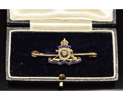 Royal Artillery 9ct gold, diamond and enamel sweetheart brooch by Jays Oxford, Street, London, in box, 4.3g