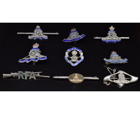 Nine Royal Artillery silver, silver and enamel and metal sweetheart brooches